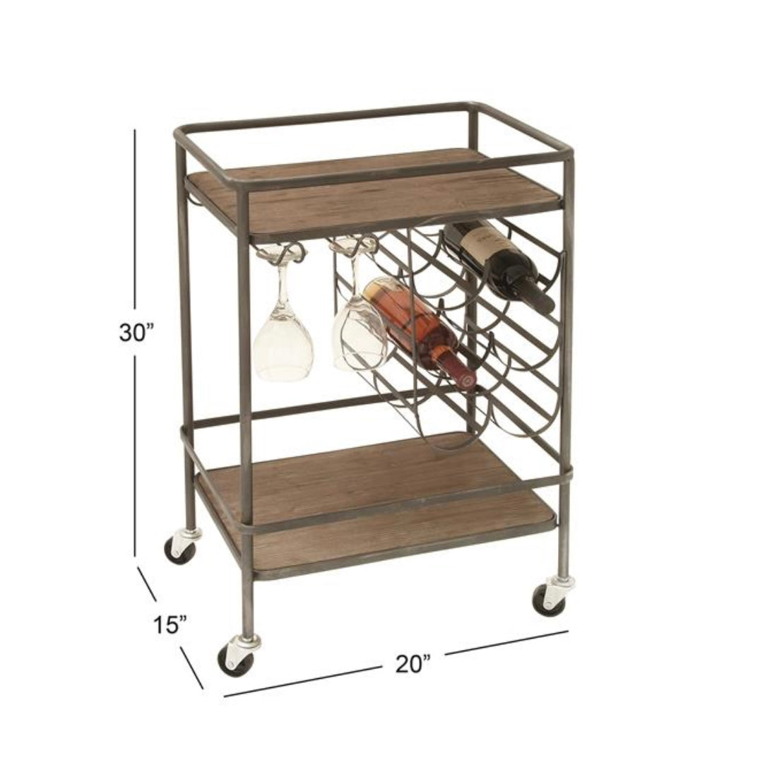 Brown Wood 2 Shelves Rolling Bar Cart