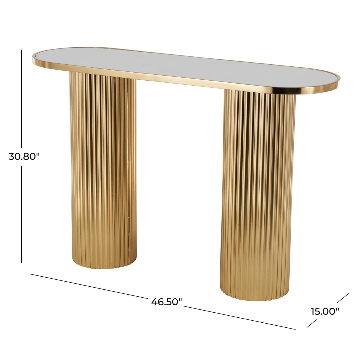 White Marble and Gold Metal Oval Top Console Table With Ribbed Legs