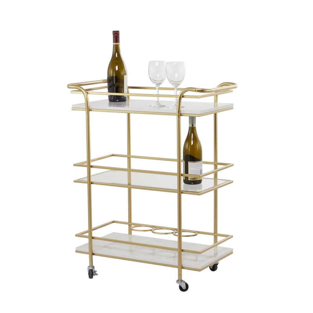 Gold Metal Marble/Glass shelved Rolling Bar Cart