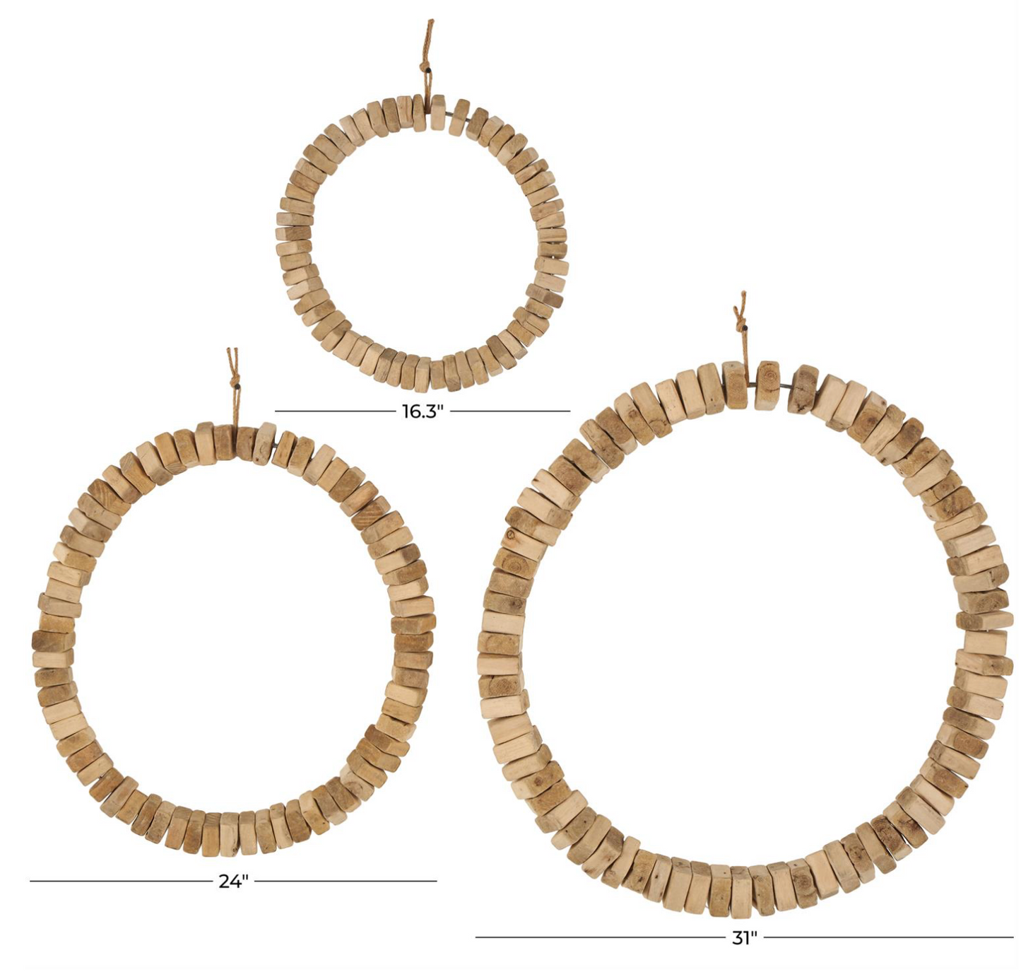Brown Wood Beaded Circles w/ Rope Hanger - Set of 3