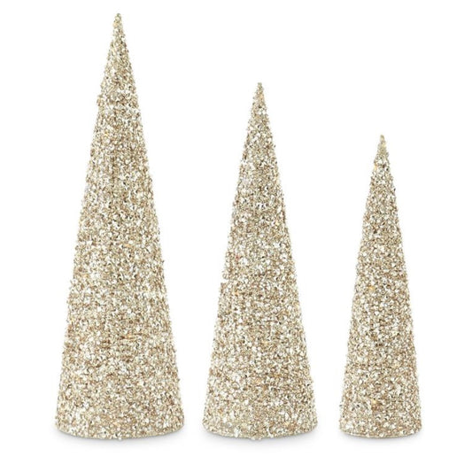 Set of 3 - Champagne Sequins & Bead LED Cones with timer