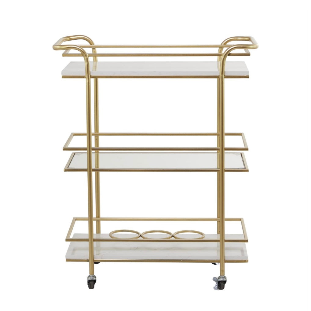 Gold Metal Marble/Glass shelved Rolling Bar Cart