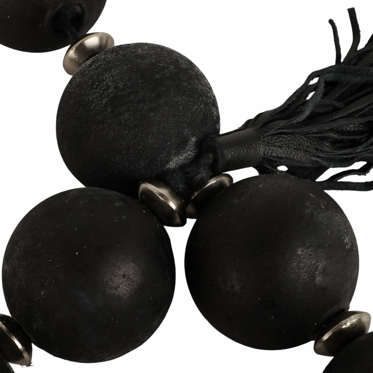 56” Black and Silver Glass Garland with Leather Tassels