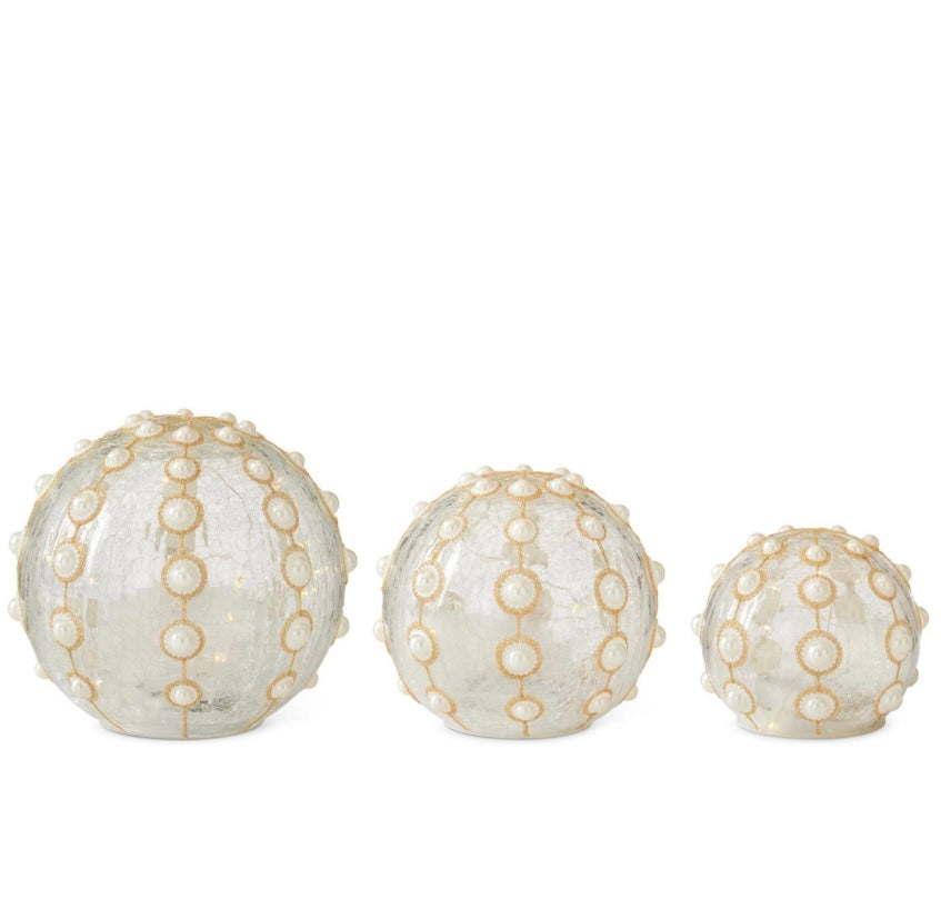 Glass & Gold Glitter w/ Pearls LED Spheres Set of 3