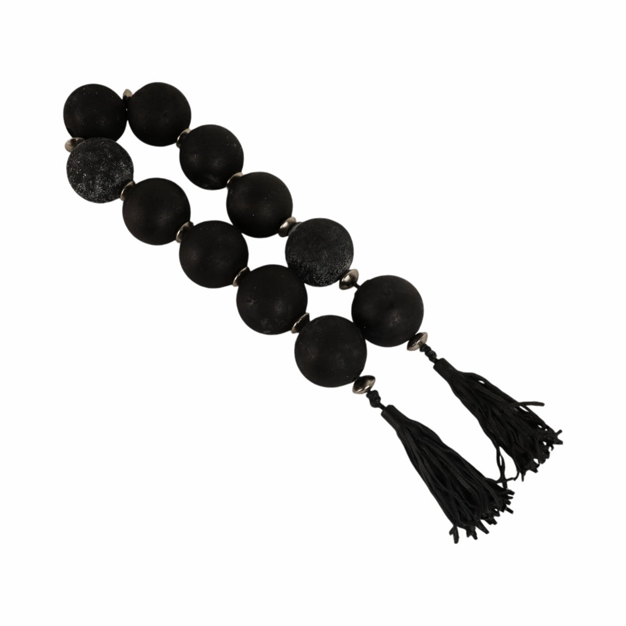56” Black and Silver Glass Garland with Leather Tassels