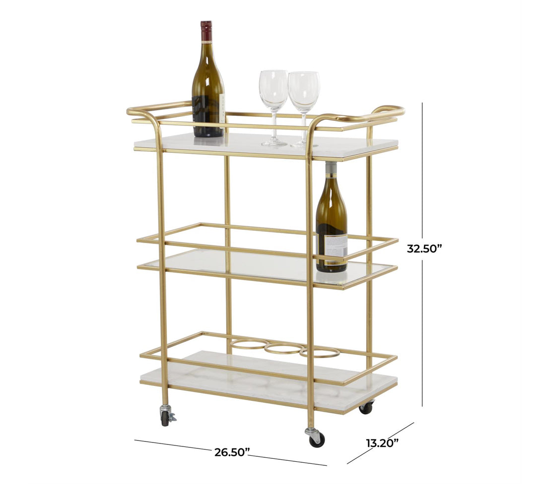 Gold Metal Marble/Glass shelved Rolling Bar Cart