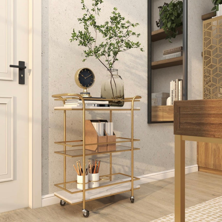 Gold Metal Marble/Glass shelved Rolling Bar Cart