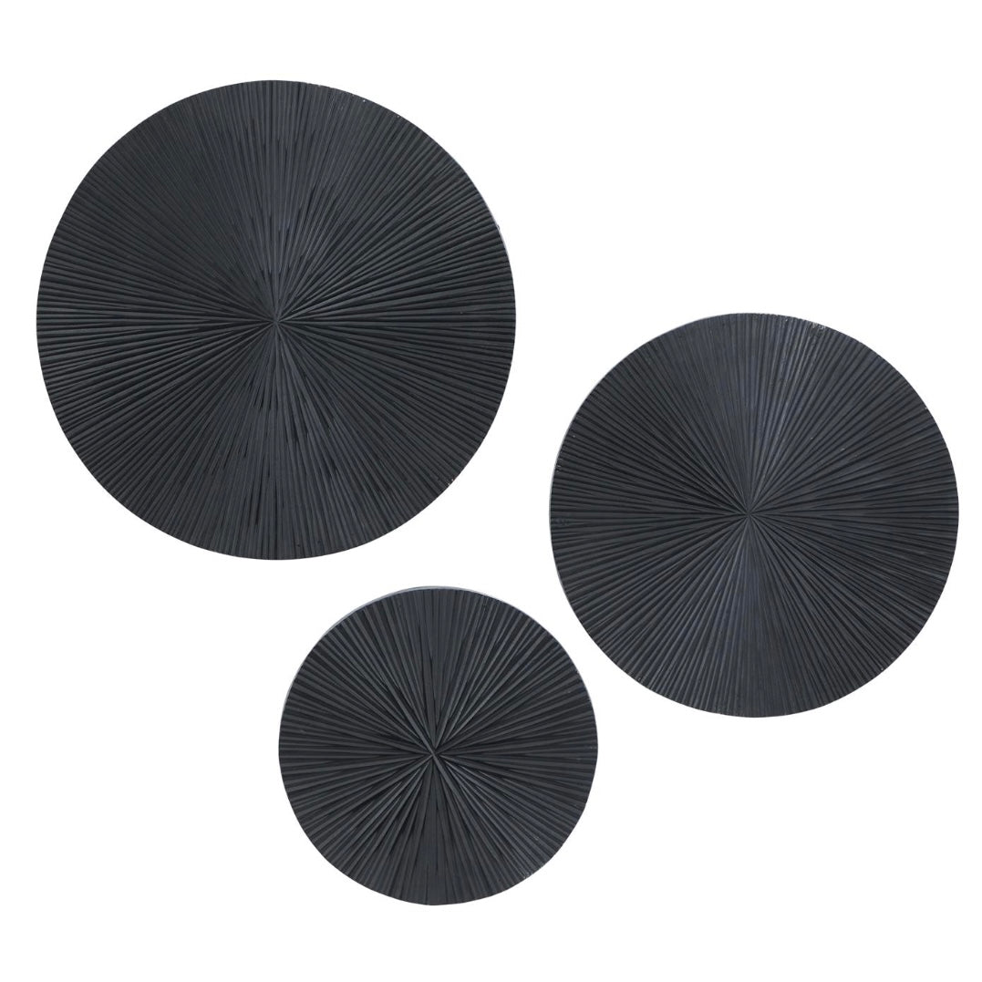 Set of 3 - Black wooden carved wall mounted disk