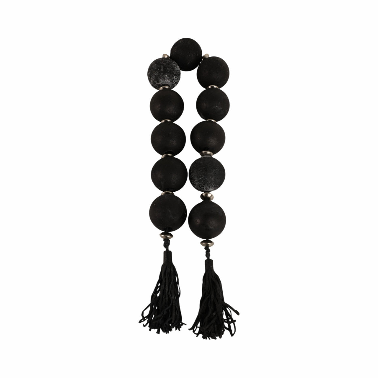 56” Black and Silver Glass Garland with Leather Tassels