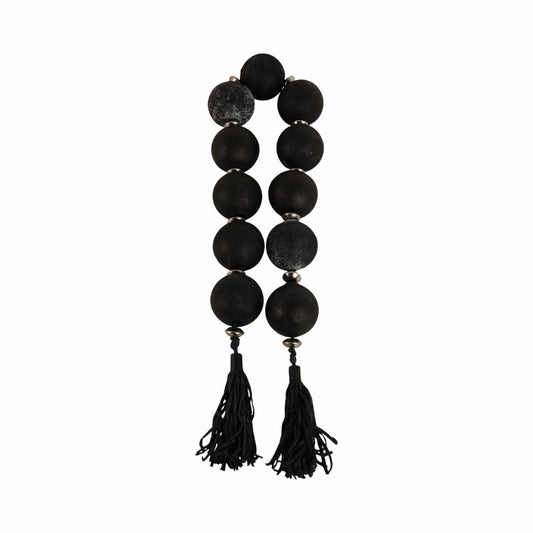 56” Black and Silver Glass Garland with Leather Tassels