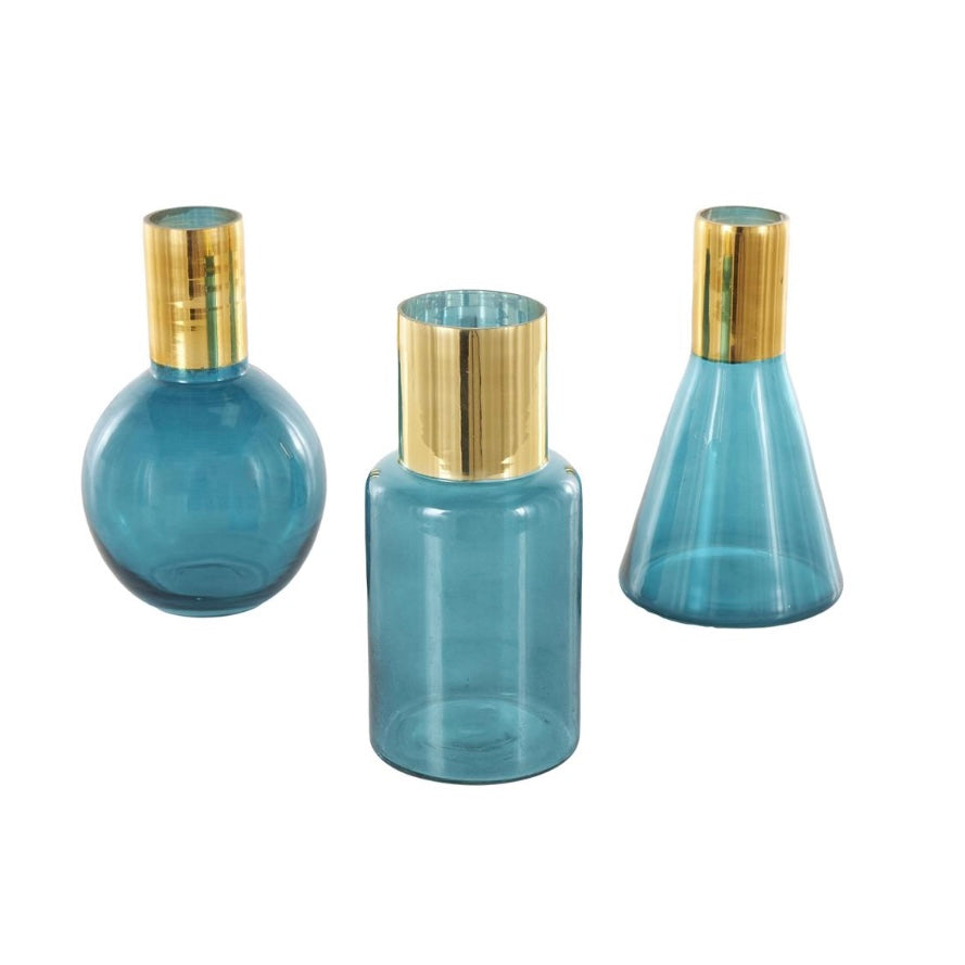 Blue Tinted Glass With Geometric shapes Decorative Vase