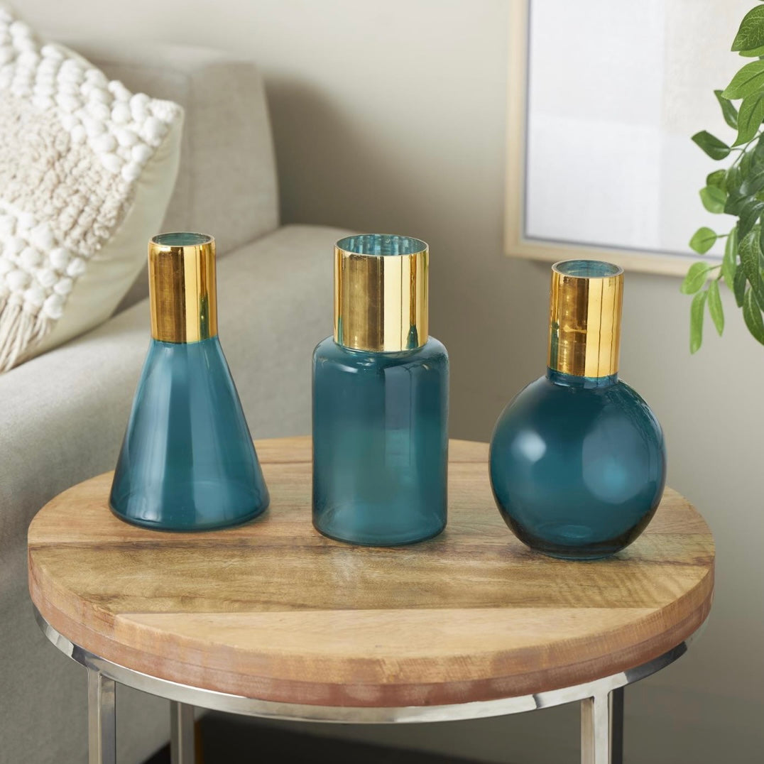 Blue Tinted Glass With Geometric shapes Decorative Vase