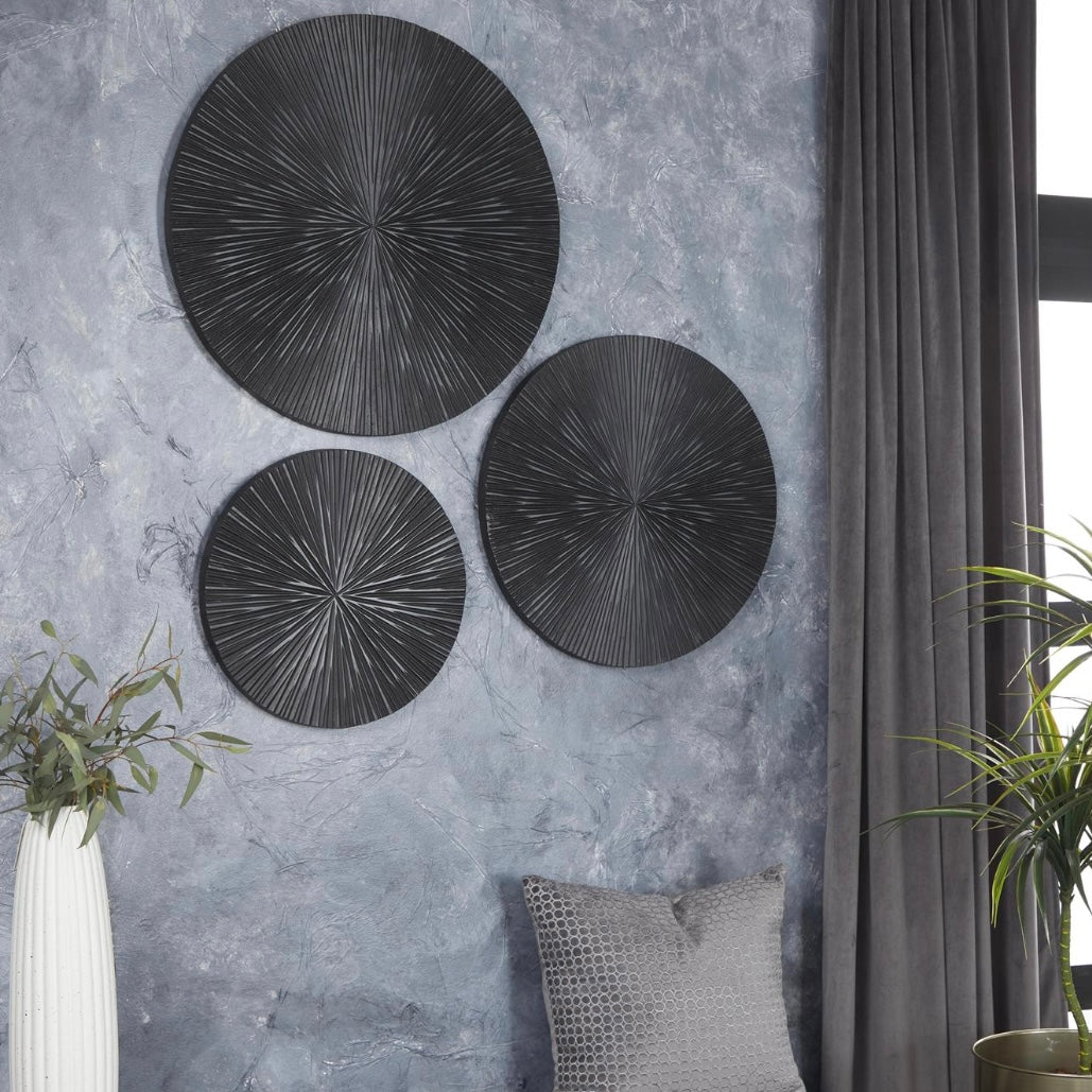 Set of 3 - Black wooden carved wall mounted disk