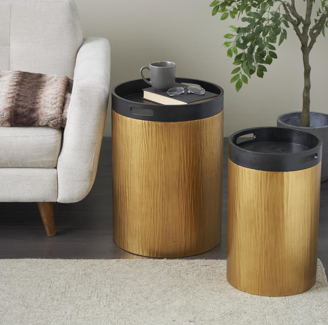 Gold Metal Nesting Accent Table With Black Tray Table Tops