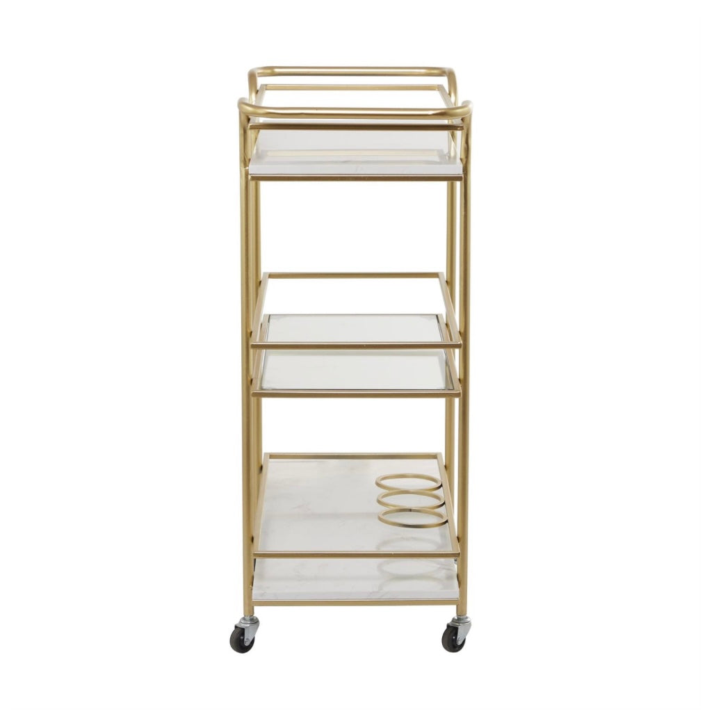 Gold Metal Marble/Glass shelved Rolling Bar Cart