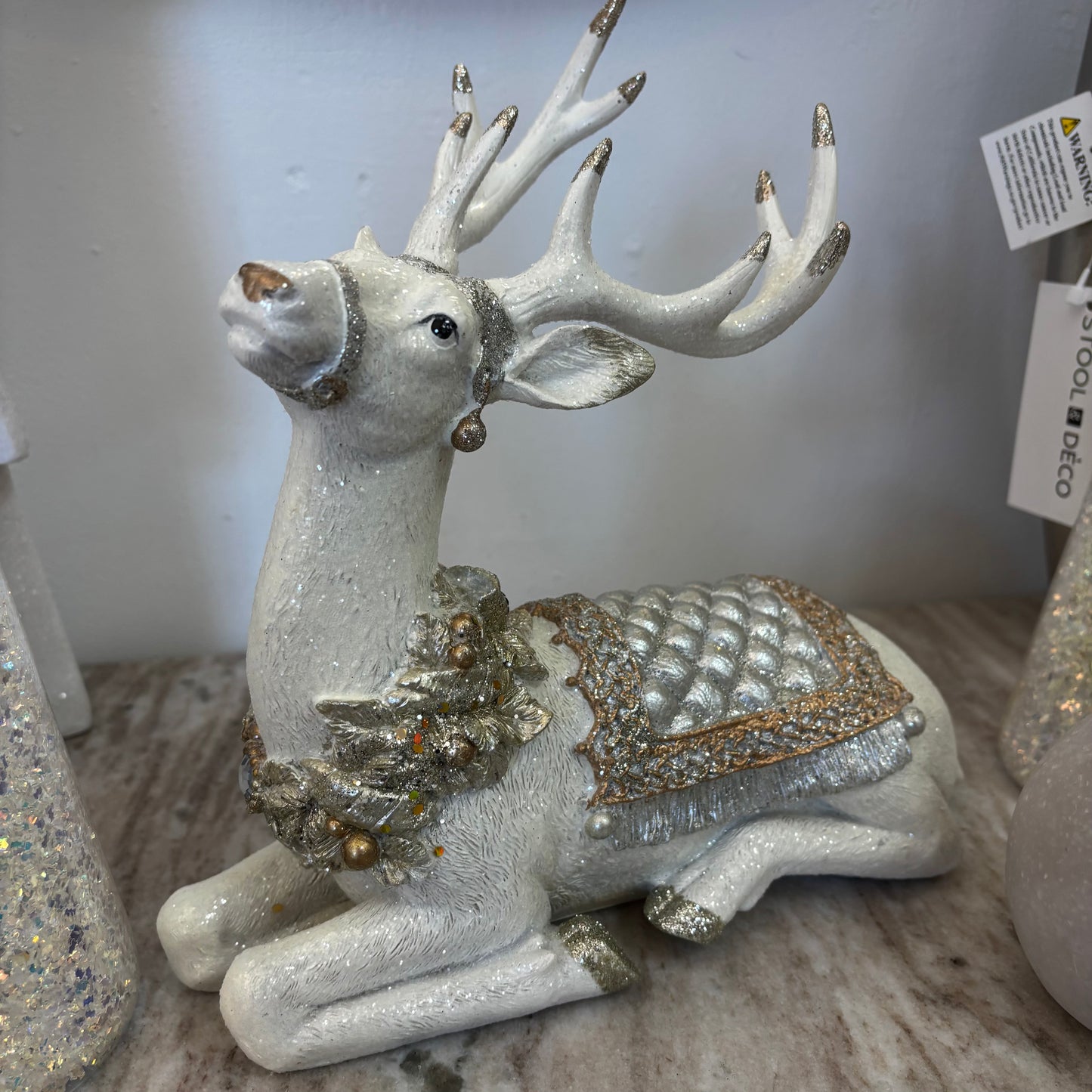 9.5” Sitting Glittered Gold and Silver Reindeer