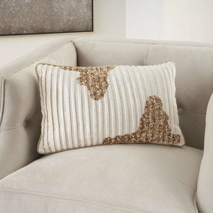 Beaded Pleated Ivory Velvet 12x20 Lumbar Pillow