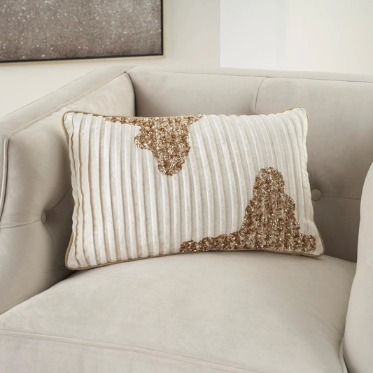 Beaded Pleated Ivory Velvet 12x20 Lumbar Pillow