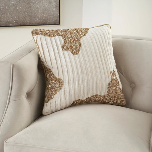 Beaded Pleated Ivory Velvet 20x20 Throw pillow