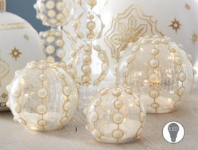 Glass & Gold Glitter w/ Pearls LED Spheres Set of 3